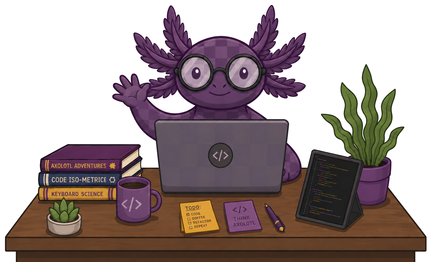 Damo UI mascot — a purple axolotl coding on a stack of books
